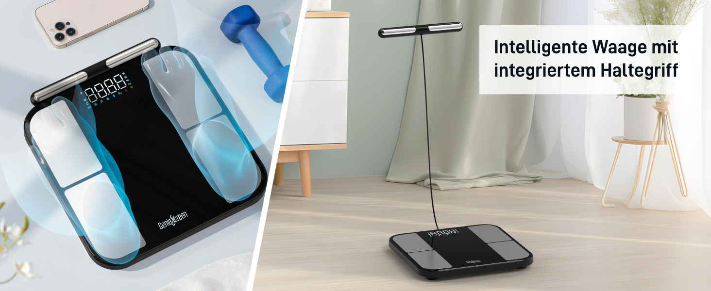 Вага для вимірювання жиру в тілі GeniaScreen SolidTrack - розумна вага з Bluetooth, LED-дисплеєм, 56 вимірювань, 180 кг, скло