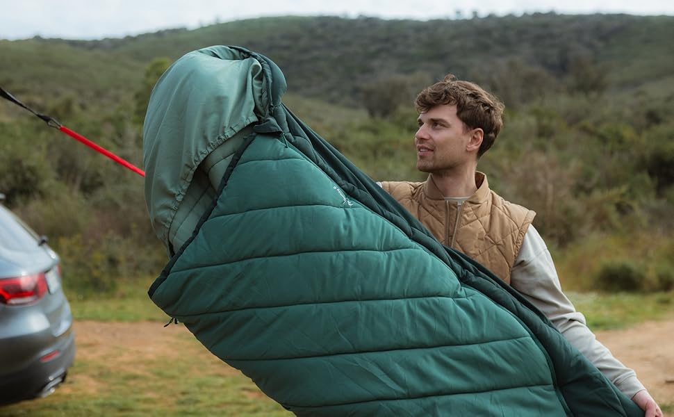Спальний мішок Qeedo Buddy XL 8 XXL, надширокий, Outdoor літній (8-25°C) 3 сезони - для дорослих та юнаків (до 220см), поверхня Peach Skin, колір Pinegreen