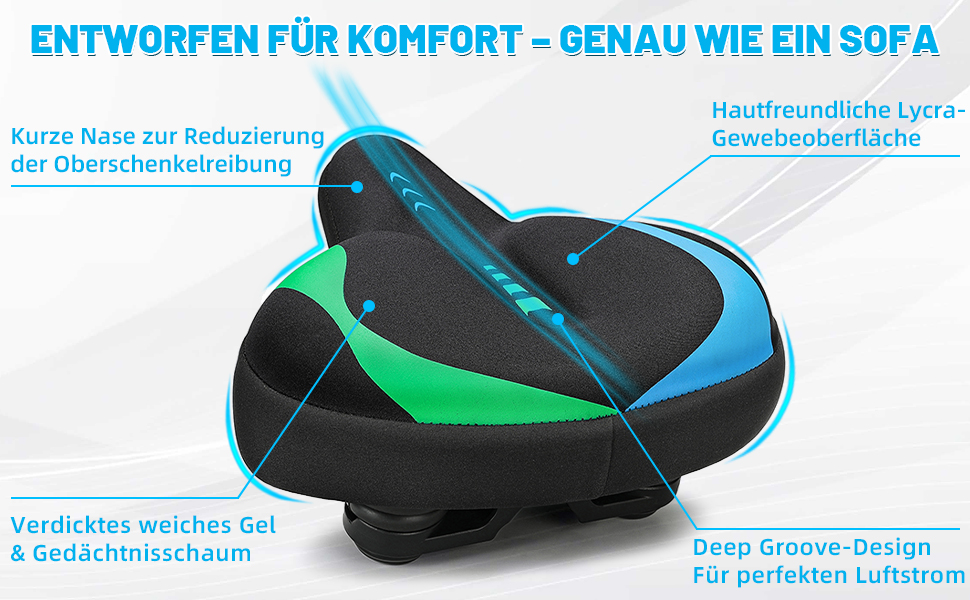 Велосипедне сідло CDYWD для чоловіків та жінок, широке, м'яке, гелеве, ергономічне, універсальне, синьо-зелене