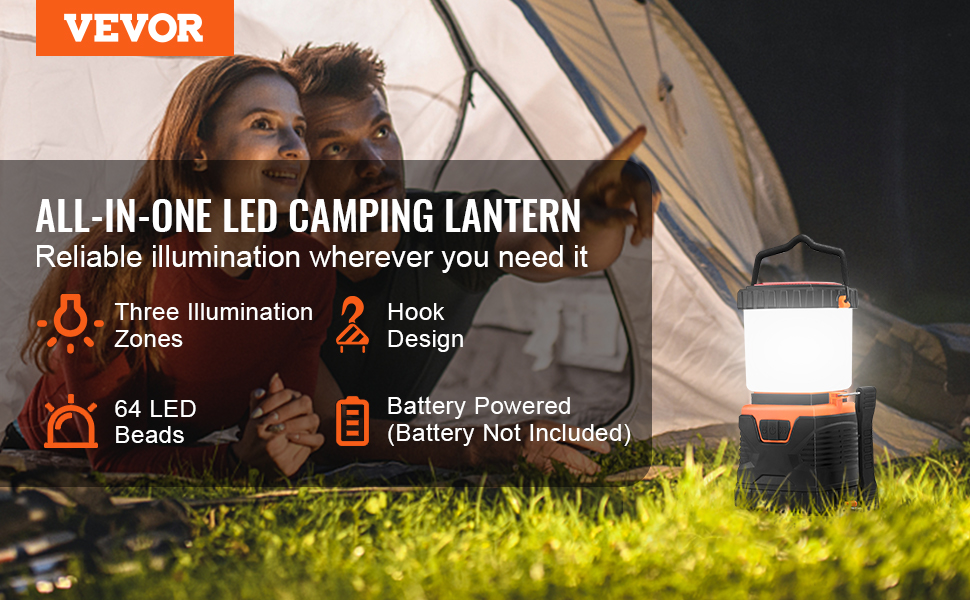 LED кемпінговий ліхтар VEVOR, 1000 лм, 360° освітлення, 4 режими, на батарейках, для туризму, риболовлі, надзвичайних ситуацій та ремонту