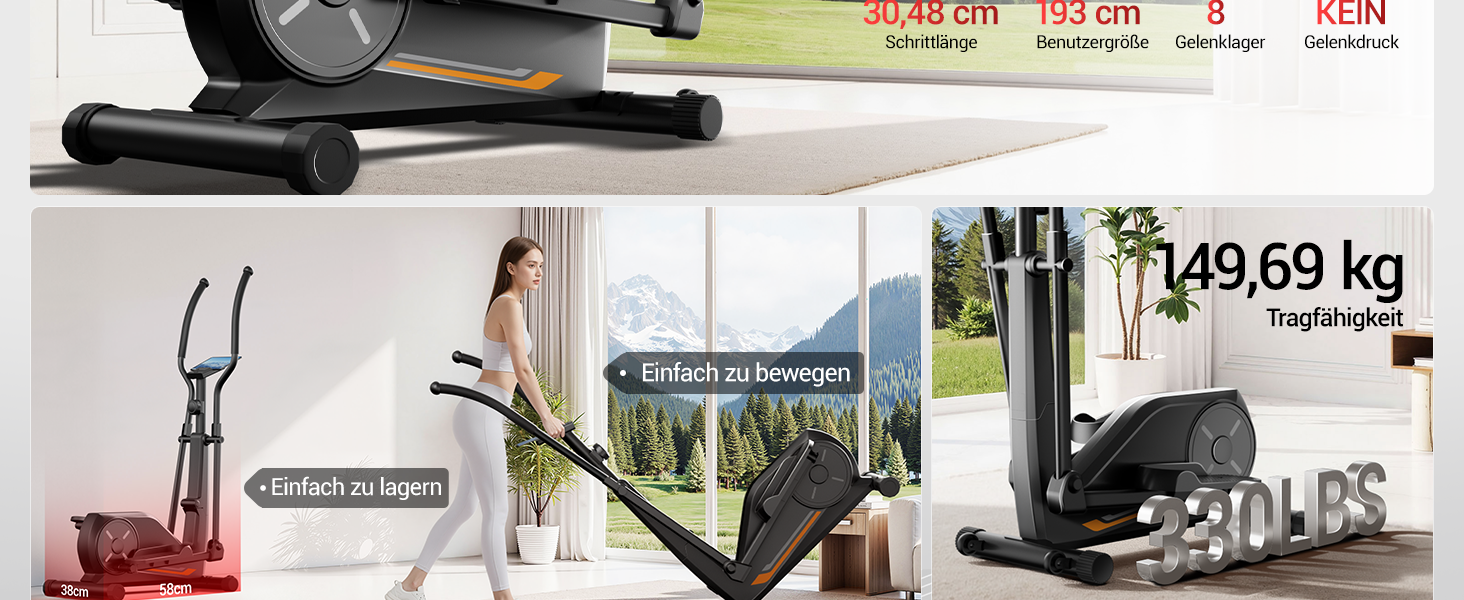 UMAY Еліптичний тренажер для дому ET30: 16 рівнів опору, тихий магнітний привід, довжина кроку 40 см, датчики пульсу, LCD-дисплей, вантажопідйомність 159 кг