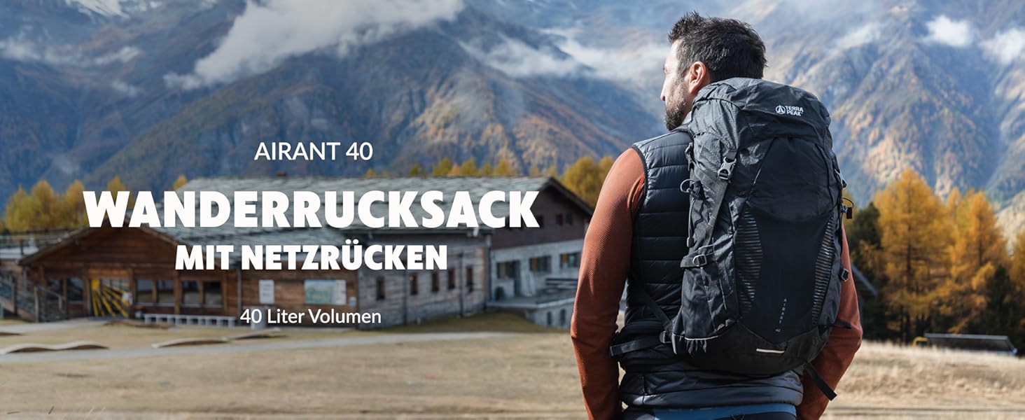 Рюкзак Terra Peak 40 л з вентильованою спинкою, тримачем для питної системи та дощовиком, туристичний рюкзак для походів і прогулянок, чорний