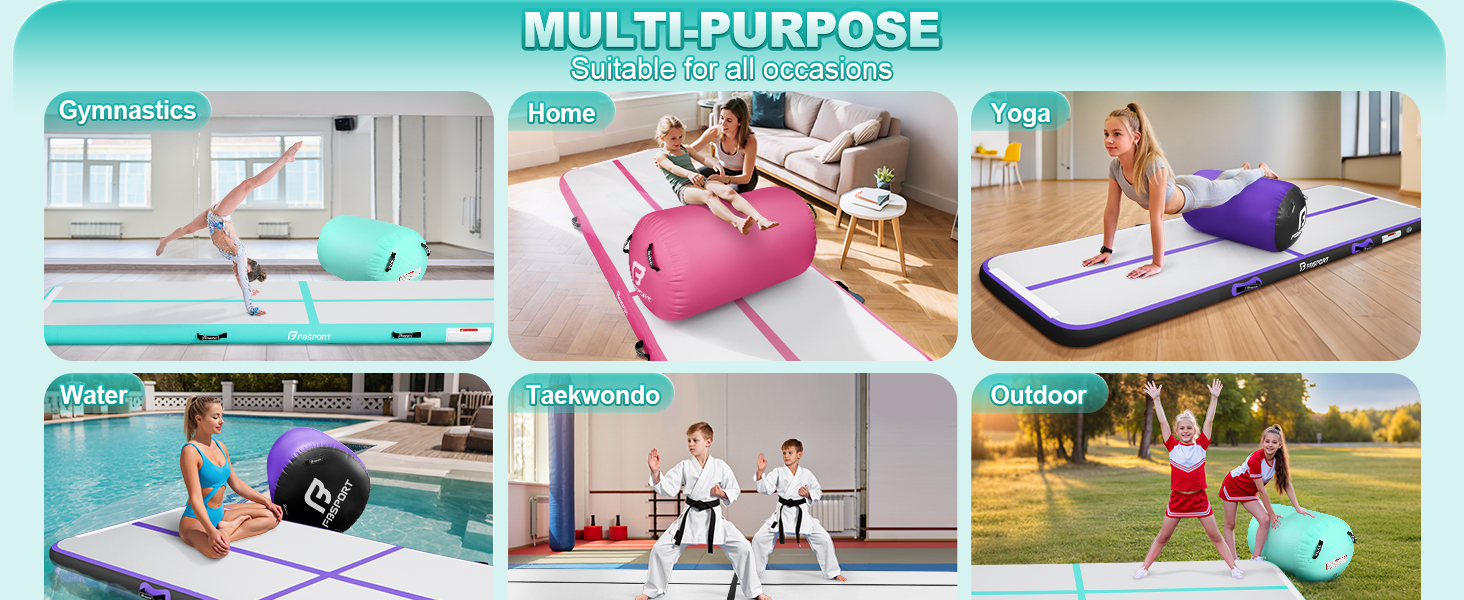 FBSPO Гімнастичний надувний мат для гімнастики та йоги з повітряною ролою, 300x100x10 см, чорно-фіолетовий