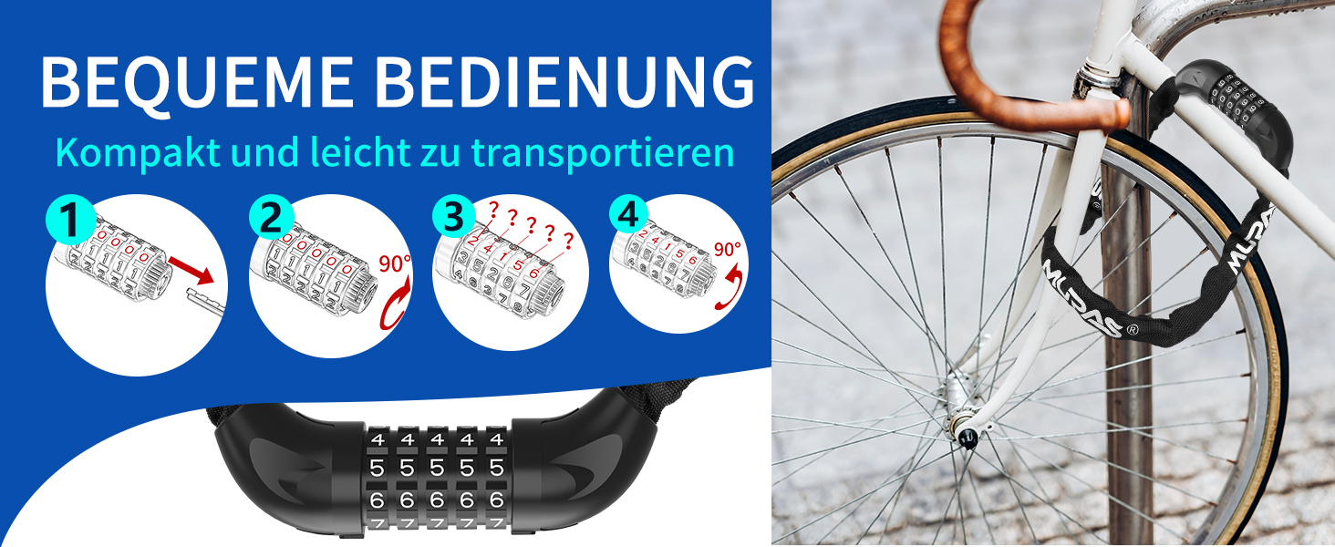 Замок для велосипеда з 5-значним кодом, сталевий, протиугінний, велосипедна ланцюгова засувка, чорний
