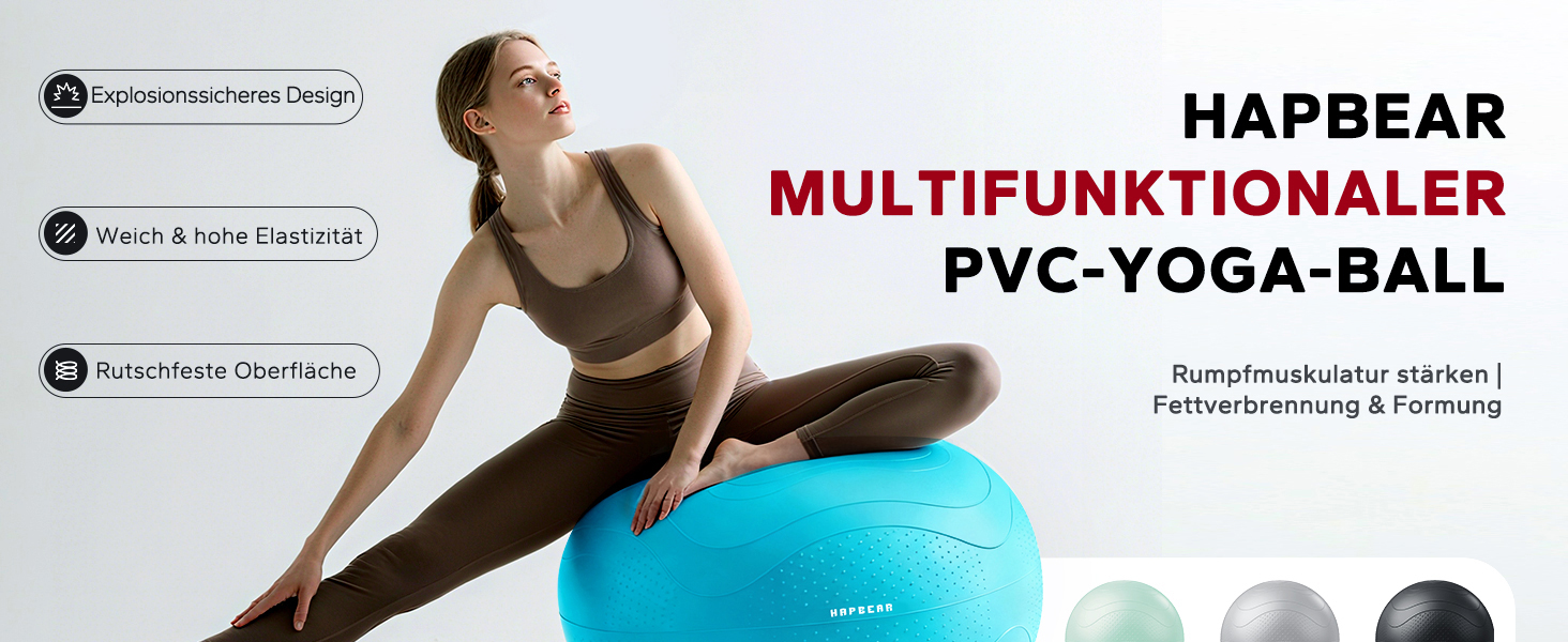 Гімнастичний м'яч HAPBEAR 55/65/75см - Анти-вибух, неслизький, з масажними попками, товстий PVC, до 200кг, комплект з насосом та гумками для фітнесу, офісу та йоги (Хмарно-блакитний, XL)
