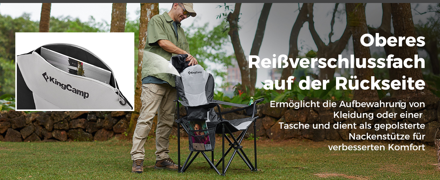 Складний туристичний стілець KingCamp для відпочинку, риболовлі та саду. Міцний, з регульованою підтримкою попереку, кишенькою-холодильником та підлокітниками. Максимальне навантаження: 205 кг. Чорний класичний колір.