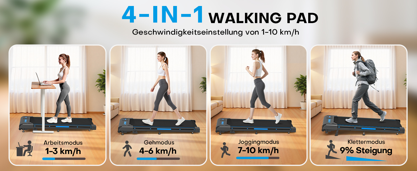 Бігова доріжка Walking Pad для дому з нахилом 9%, потужність 2.5HP, LED-дисплеєм та дистанційним керуванням, 12 програм, амортизація, до 150 кг, чорно-синя