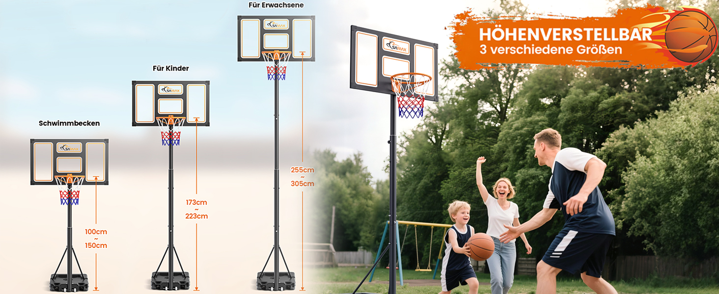 Баскетбольний кошик SAMAX на стійці, регульована висота 100-305 см, з колесами, сітка в комплекті. Підходить для гри в саду, на спортивному майданчику та полі, для дорослих та дітей.