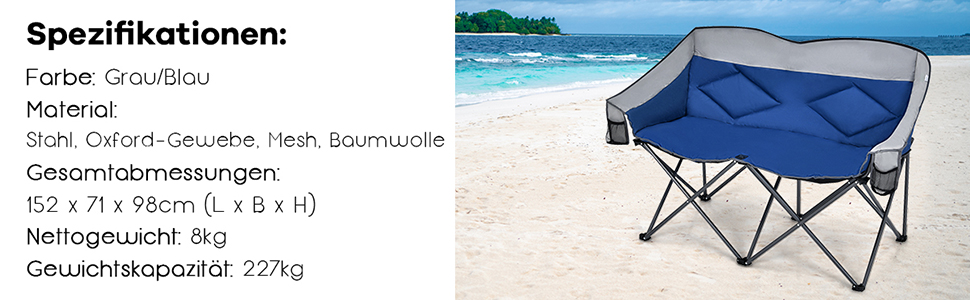 Кемпінговий стілець COSTWAY на 2 особи, розкладний з підлокітниками та підстаканником, вантажопідйомність 226 кг, для риболовлі та відпочинку