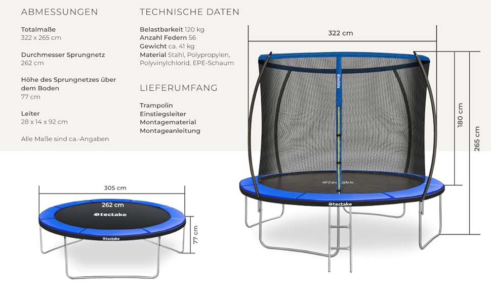 Трамплін Tectake® для саду Ø 305 см з сіткою безпеки, блакитний - ідеальний для занять спортом та балансування дітей