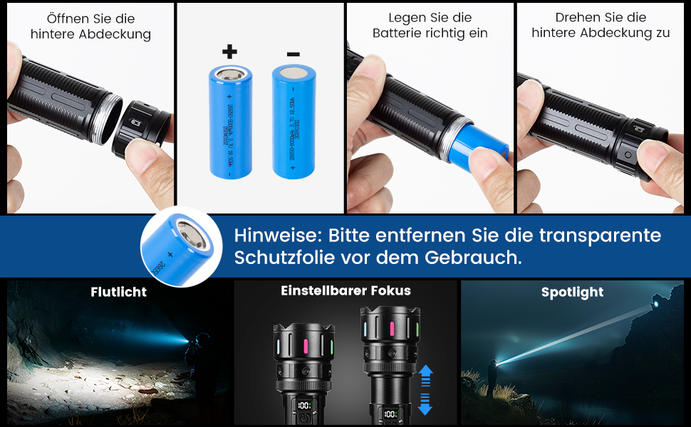 LED ліхтар Lekia 500000 Люмен, перезаряджуваний USB-C, 5 режимів, Zoom, водонепроникний, 5000mAh, для кемпінгу та надзвичайних ситуацій
