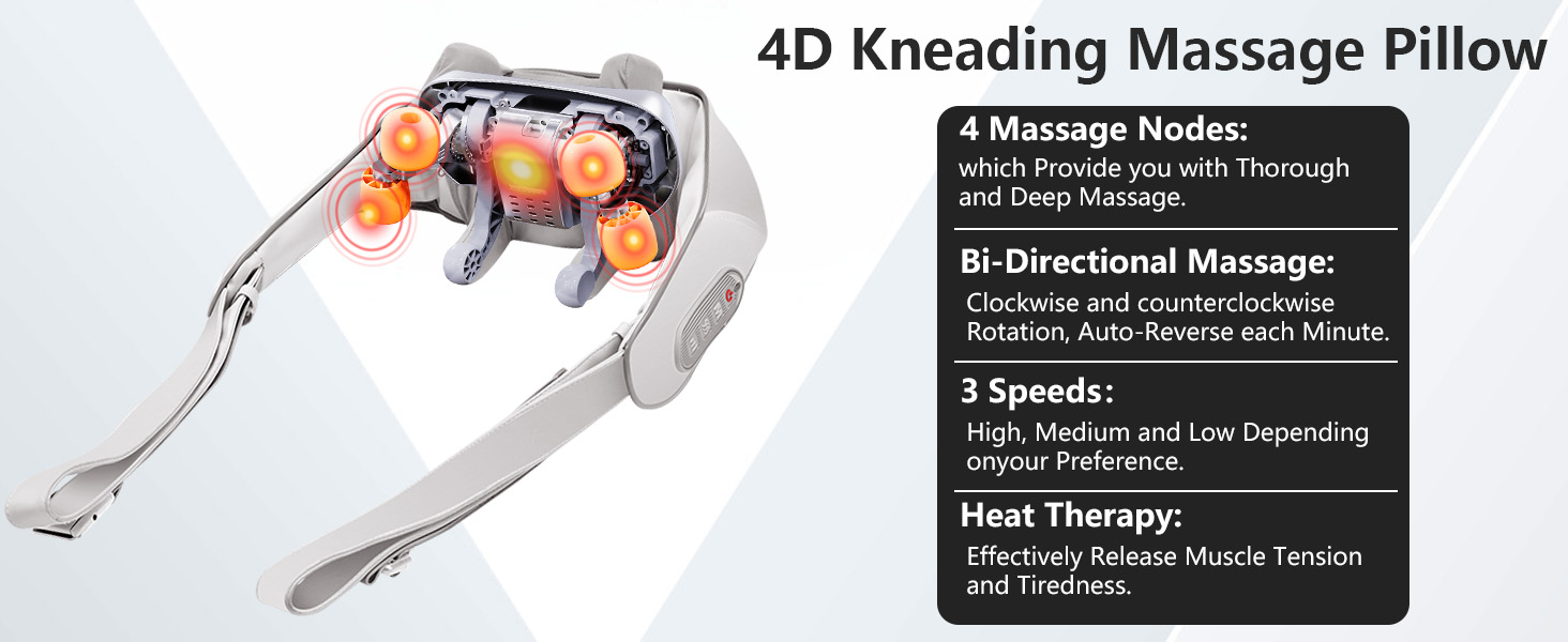 Електричний масажер для шиї та плечей Shiatsu з підігрівом, 4D масаж, бездротовий, для чоловіків та жінок, сірий A