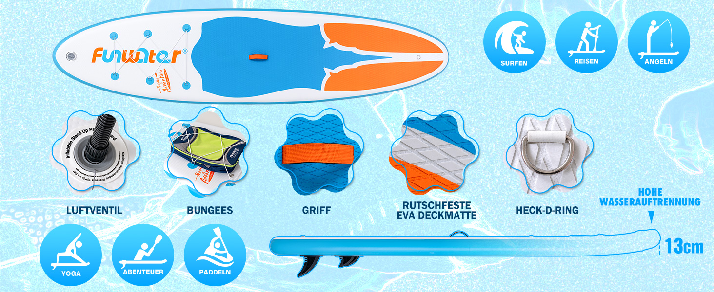 Надувне SUP-борд FunWater: комплект з аксесуарами (весло, насос, рюкзак, лінія, водонепроникний мішок)