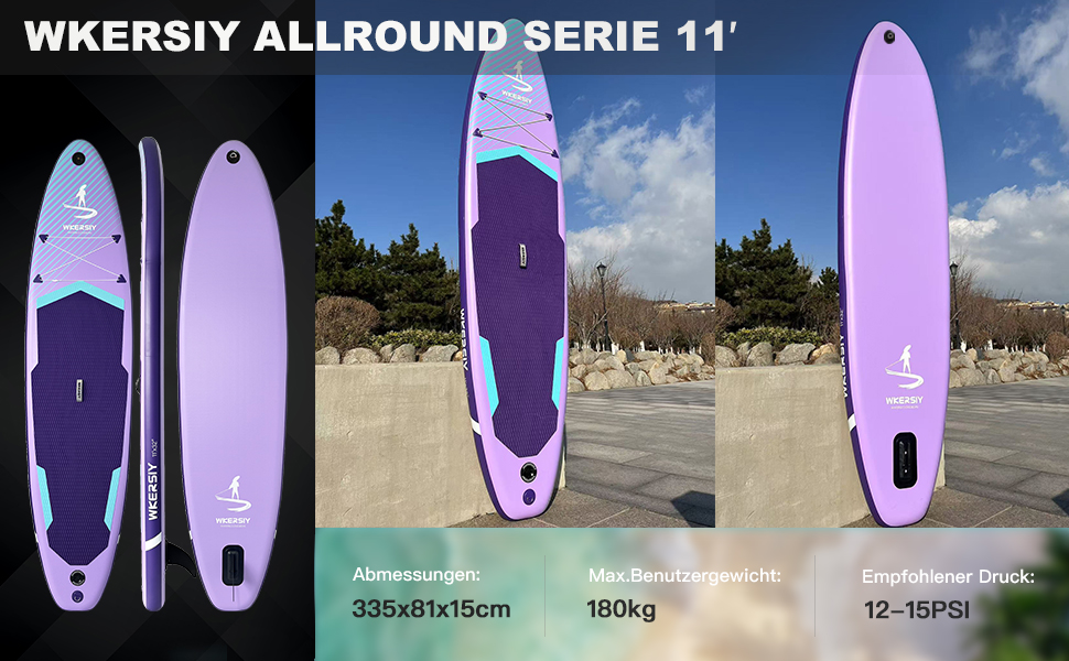 Надувний SUP Борд Allround 335см – Стабільний комплект Stand Up Paddle Board для початківців та професіоналів – Яскраве вейборд для йоги, риболовлі та відпочинку (Фіолетовий)