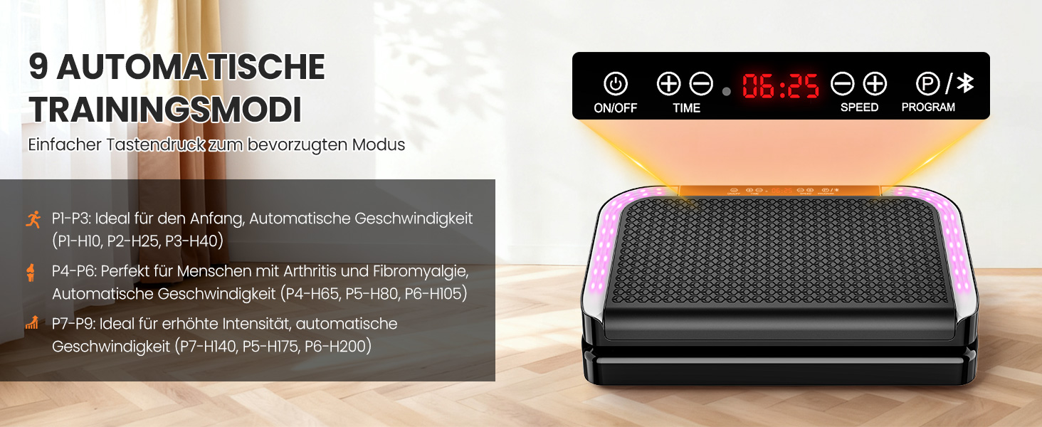 Віброплатформа для фітнесу з 200 рівнями інтенсивності, 9 програмами, Bluetooth, пульт, резинки, до 200 кг, для дому