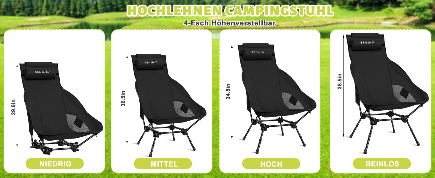 Складний туристичний стілець IEEILULU з високою спинкою, чорний. Макс. навантаження 130 кг, 2 кишені. Підходить для кемпінгу, риболовлі, пікніків та відпочинку на природі.