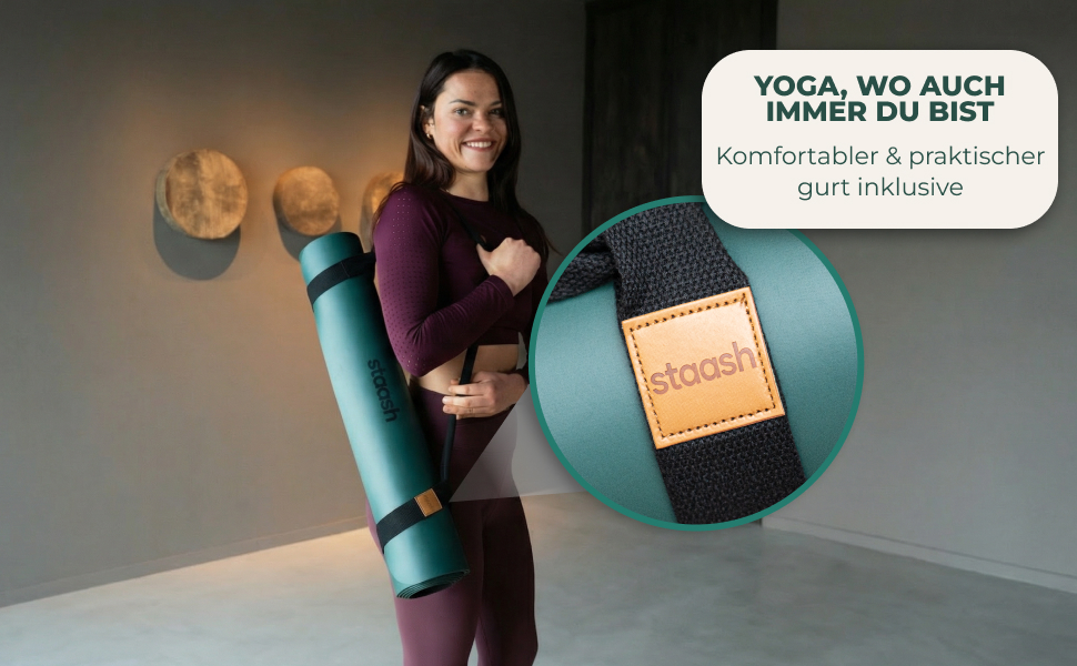 Преміум набір для йоги STAASH: килимок з PU та натурального каучуку (4,5 мм), рушник, ремінь та колінна подушка, протиковзкий, подовжений, колір Tiefsee Blau