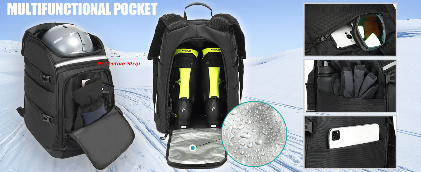 Чохол для лижних черевиків з відділенням для шолома, 65L, нейлон, рюкзак для лиж, роликів, ковзанів, чорний