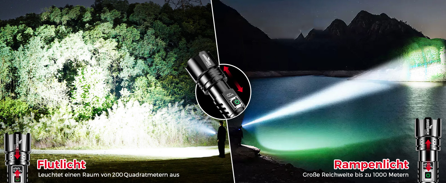 Тактичний ліхтарик Shadowhawk 500000 Lumen з LED, перезарядний, дальність до 1000м, 24г роботи (2 акумулятори), LCD-індикатор заряду, 10.0 Вт, для кемпінгу, туризму, активного відпочинку
