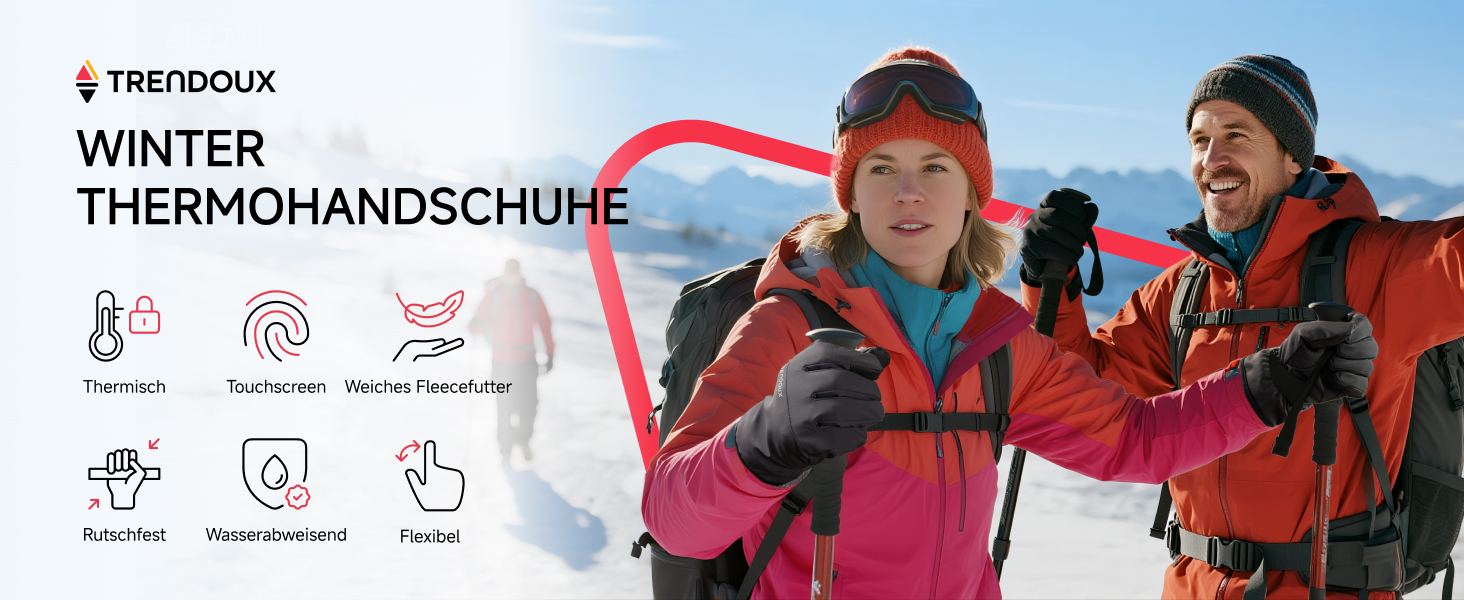 Терморукавички Trendoux для чоловіків та жінок: теплі, водонепроникні, вітронепроникні рукавички для велосипеда, катання на лижах, бігу з підтримкою сенсорного екрану та м'яким флісовим підкладкою, чорні