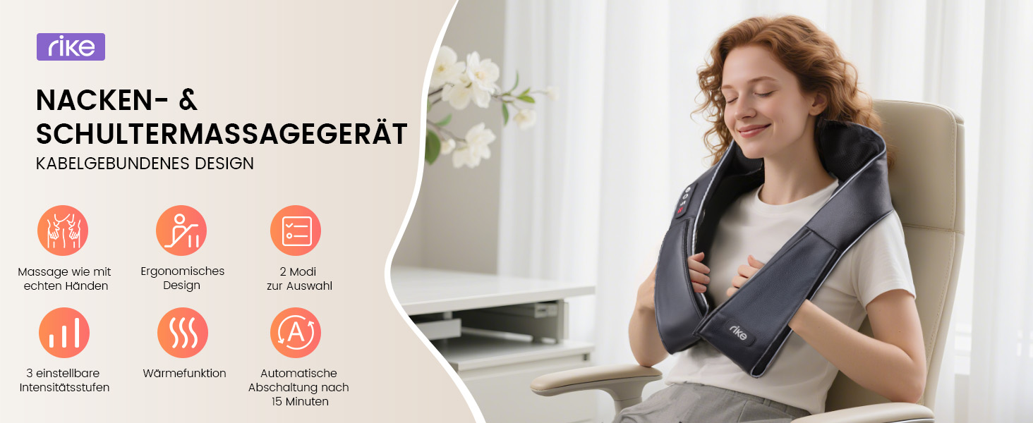 Масажер для шиї RIKE Shiatsu з підігрівом - 3D масажер для шиї, плечей та спини, з адаптерами для мережі та авто, глибока масажна дія, подарунок на Різдво