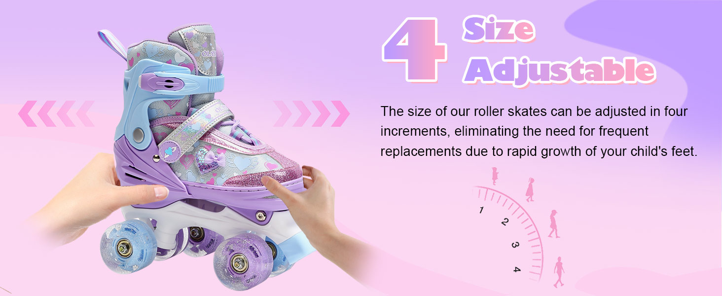 Ролики для дітей дівчаток з блискучими сердечками та світлодіодними колесами, 4-разово регульовані, ролики для початківців, ідеальний подарунок на день народження або Різдво, фіолетовий