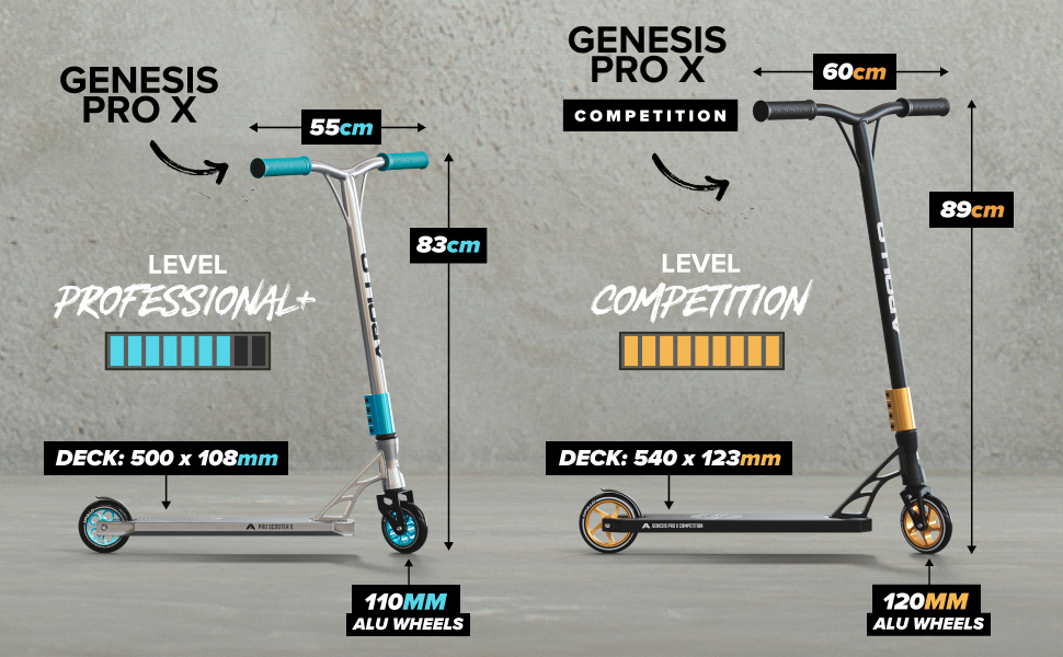 Трюковий скутер Apollo - змагання Genesis Pro X/Pro X, трюковий скутер високого класу, кулькові підшипники ABEC 9, трюковий скутер з колесами 110 мм або 120 мм і Alu Core, трюковий самокат, трюковий скутер Genesis Pro X - чорний
