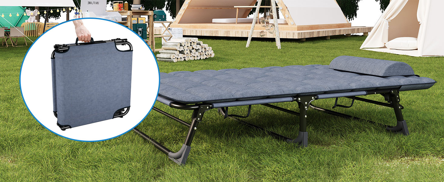 Розкладне шезлонг з регульованою спинкою в 4 положеннях, портативний багатофункціональний лежак для кемпінгу, саду, басейну, патіо - блакитний, з м'яким матрацом та подушкою