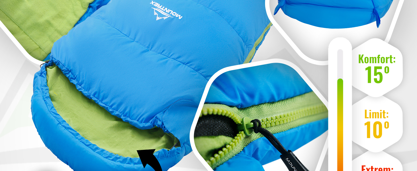 Дитячий спальний мішок MOUNTREX® - зручний та легкий, 175x70x45 см - для подорожей, кемпінгу, відпочинку на природі. 100% бавовна, блакитний/зелений