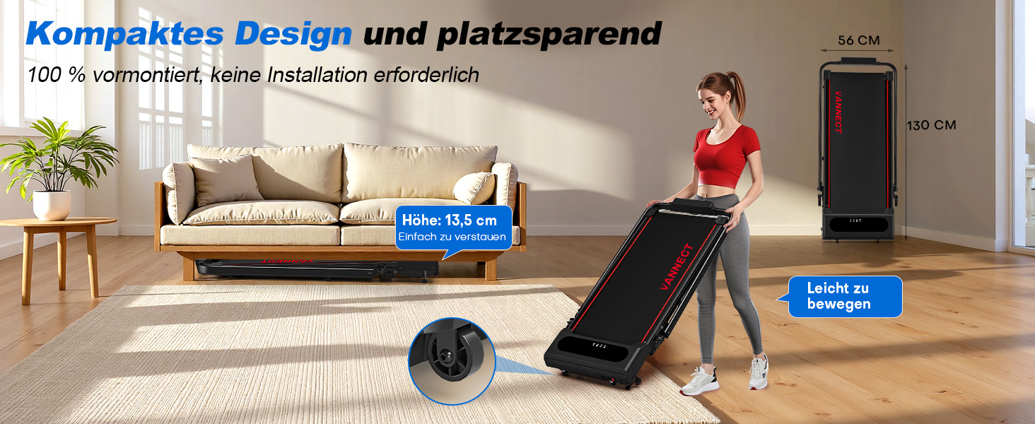 Vannect Walking Pad: Бігова доріжка для дому, 1-12 км/год, регулювання нахилу 9%, тихе, з LCD-дисплеєм, дистанційне керування + додаток, до 150 кг