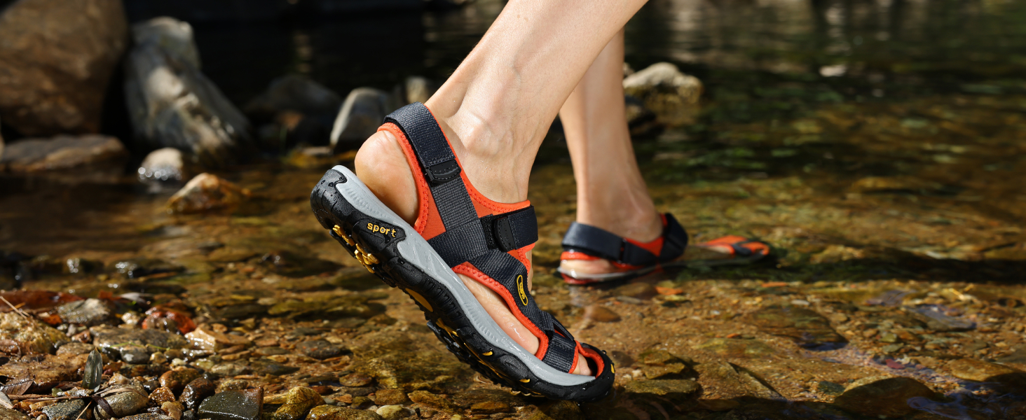 Чоловічі сандалі для пляжу, гір та трекінгу з текстильними ремінцями, водонепроникні, темно-сірі з помаранчевим, 47 EU