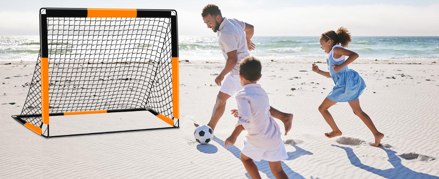 Дитячі воріта для футболу 2-в-1, 150х120 см, портативні та стабільні, з 5 зонами для забивання, 4 кілочки для кріплення та сумка для перенесення, для саду, парку, пляжу, оранжеві