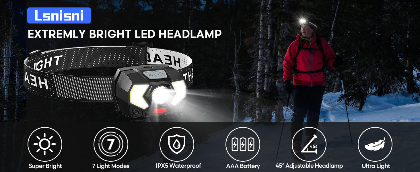 LED налобний ліхтар Lsnisni 2000 люменів (2 шт./1 шт.), 6 режимів, водонепроникний IPX5, для дітей та дорослих, кемпінг, біг, риболовля, з батарейками
