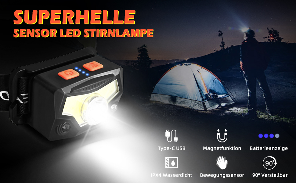 LED налобний ліхтар з акумулятором, 2 шт., 2000 люменів, супер яскравий, сенсор, 14 режимів, водонепроникний, легкий, для риболовлі, бігу, кемпінгу