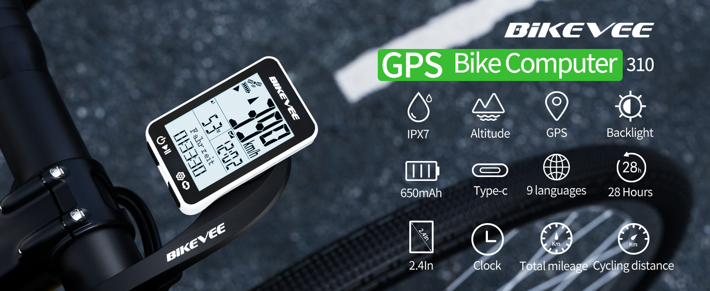 Велокомп'ютер GPS бездротовий, водонепроникний IPX7, 2.4'' FSTN дисплей, білий - з подовженим тримачем