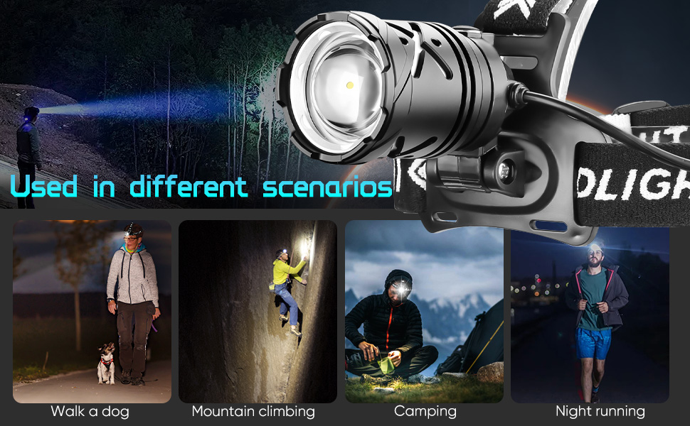 Ліхтар на голову LED акумуляторний, ліхтар червоного світла 15000 люмен з 4 режимами, водонепроникний, з регульованим фокусом та заднім світлом, 90° регульований, для бігу, кемпінгу, надзвичайних ситуацій