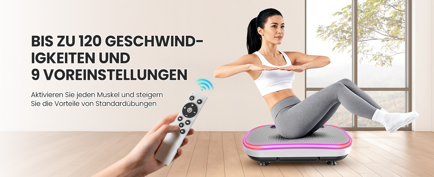 Вібраційна платформа для схуднення з еластичними гумками, 9 режимів, 120 рівнів інтенсивності, Bluetooth, LED-дисплей, місткість 150 кг, білий