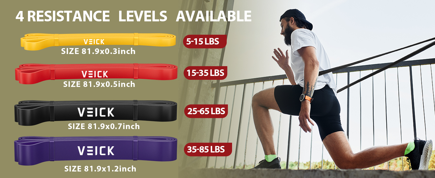 Набір еластичних стрічок для фітнесу VEICK: для калістеніки, пілатесу, фітнесу. Кольори: фіолетовий, чорний, червоний, жовтий
