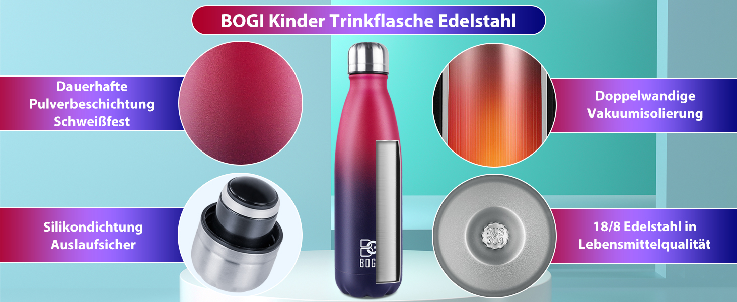 BOGI Термофляга для води 500 мл, металева, з нержавіючої сталі, для дівчаток та хлопчиків, з щіткою для чищення, Dred