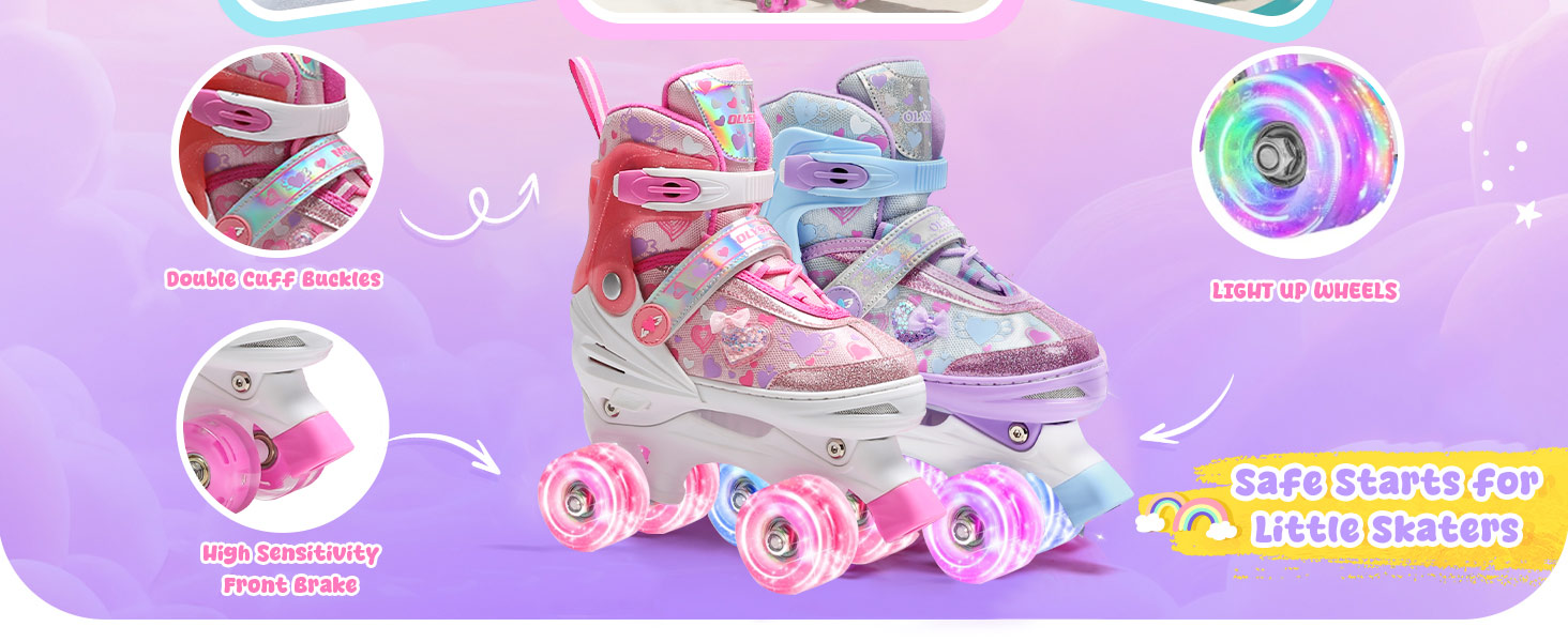 Ролики для дітей дівчаток з блискучими сердечками та світлодіодними колесами, 4-разово регульовані, ролики для початківців, ідеальний подарунок на день народження або Різдво, фіолетовий