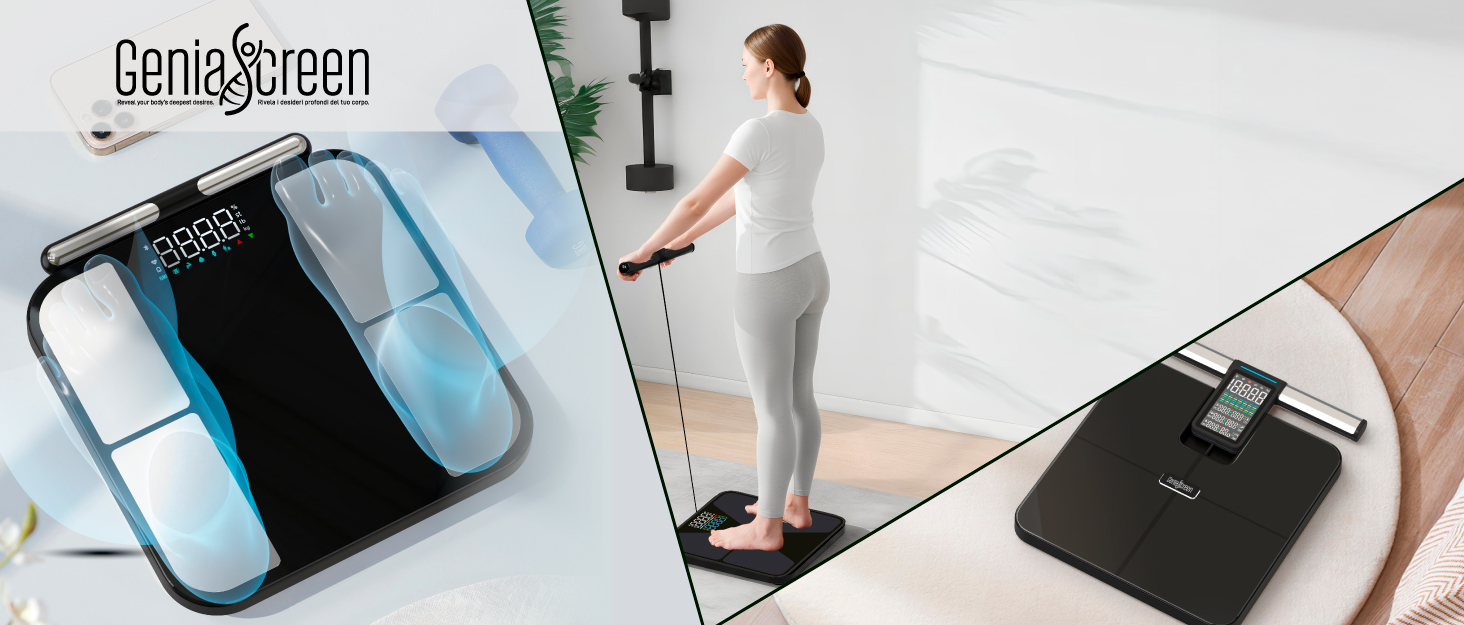 Вага для вимірювання жиру в тілі GeniaScreen SolidTrack - розумна вага з Bluetooth, LED-дисплеєм, 56 вимірювань, 180 кг, скло