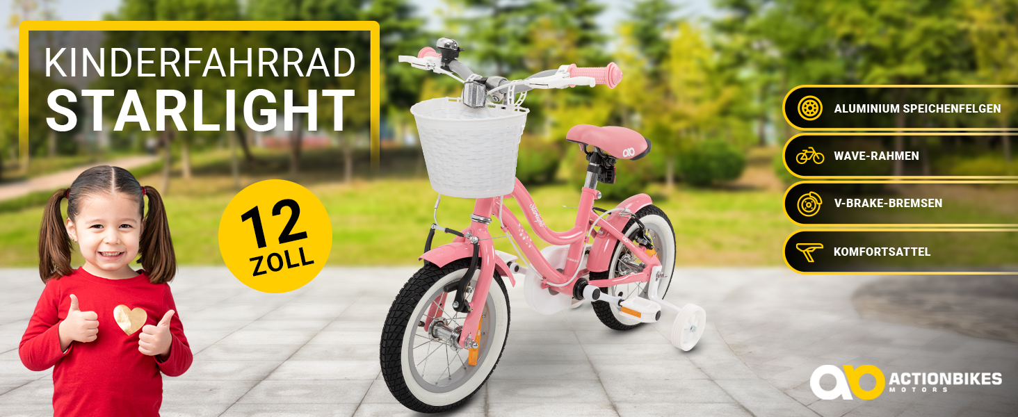 Дитяче велосипед Actionbikes Starlight 12/16/20 дюймів - V-Brake гальма, захистники, для дітей 2-9 років