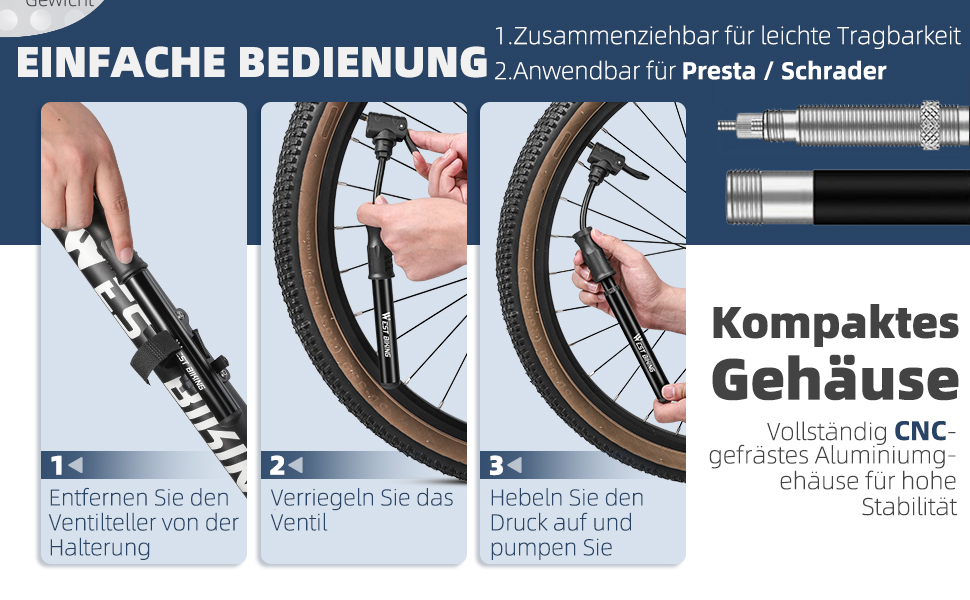 West Biking Mini насос для велосипеда - алюмінієвий насос для велосипеда, підходить для всіх типів вентилів, портативний, компактний, швидке накачування шин, легкий міні-насос для велосипеда, MTB, шосе, м'ячів, чорний