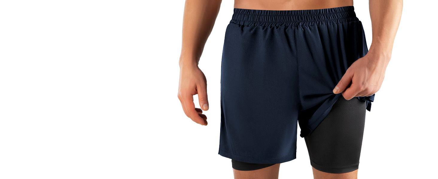 Шорти чоловічі Niksa 2er Pack 2-в-1, спортивні, швидковисихаючі, дихаючі, з кишенею для телефону (XXL, темно-синій)