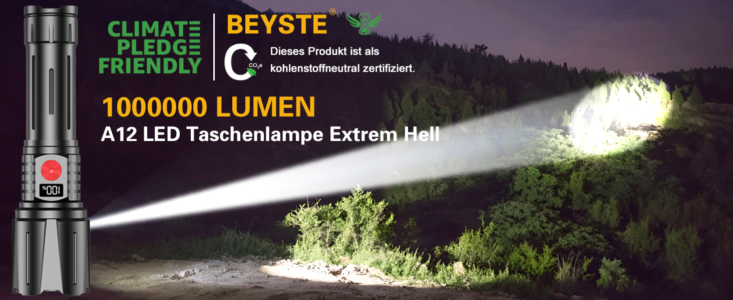 Ліхтар LED BEYSTE 1000000 Люмен, тактичний, водонепроникний, USB-C, для активного відпочинку та надзвичайних ситуацій, чорний