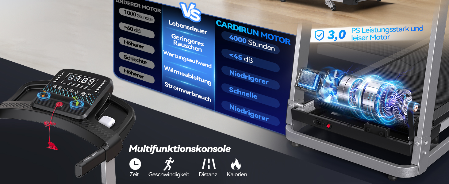 Біговий доріжки для дому Cardirun 3.0PS, 12 км/год, нахил 10%, до 160 кг, LED-дисплей, APP, Bluetooth, тиха, срільно-чорний