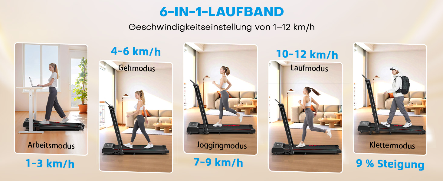 Vannect Walking Pad - складане бігове полотно для дому, 1-12 км/год, нахил 9%, LCD-дисплей, керування з пульта, додатком та ручкою, до 150 кг, чорно-синій