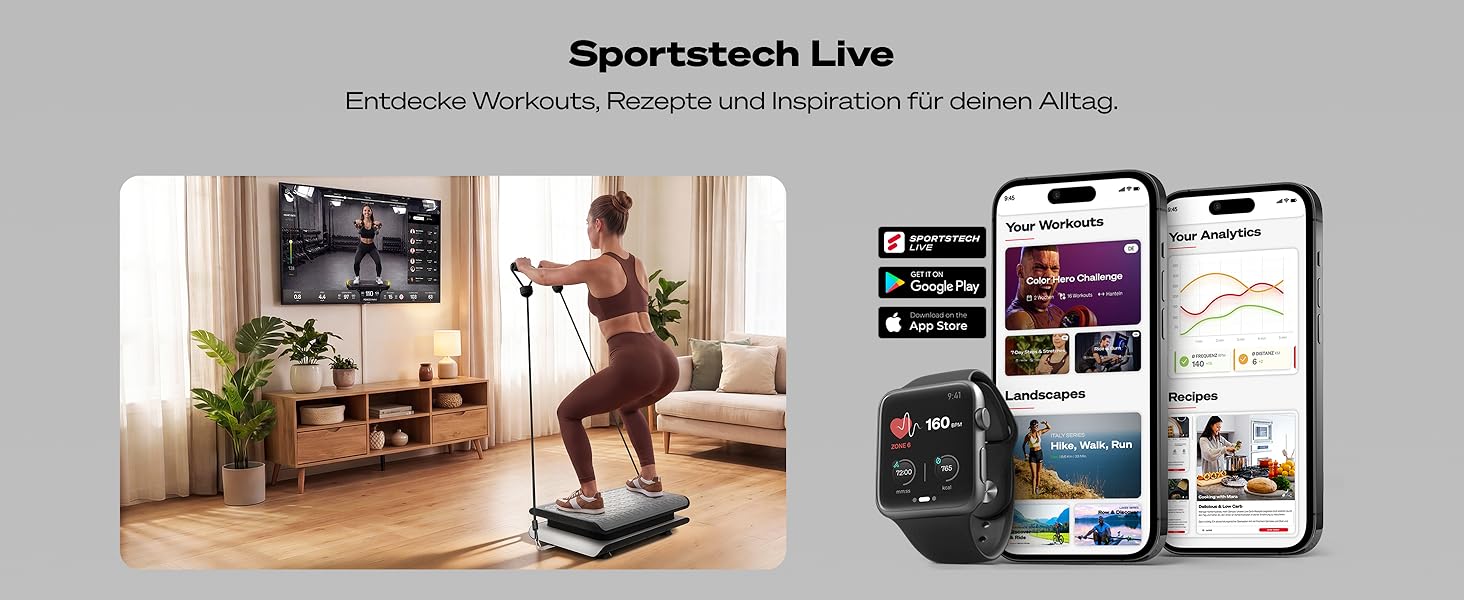 Віброплатформа Sportstech sVibe Lite для дому: схуднення, спалювання жиру, зміцнення м'язів | 99 рівнів інтенсивності, Bluetooth-пульт, до 120 кг | Біла