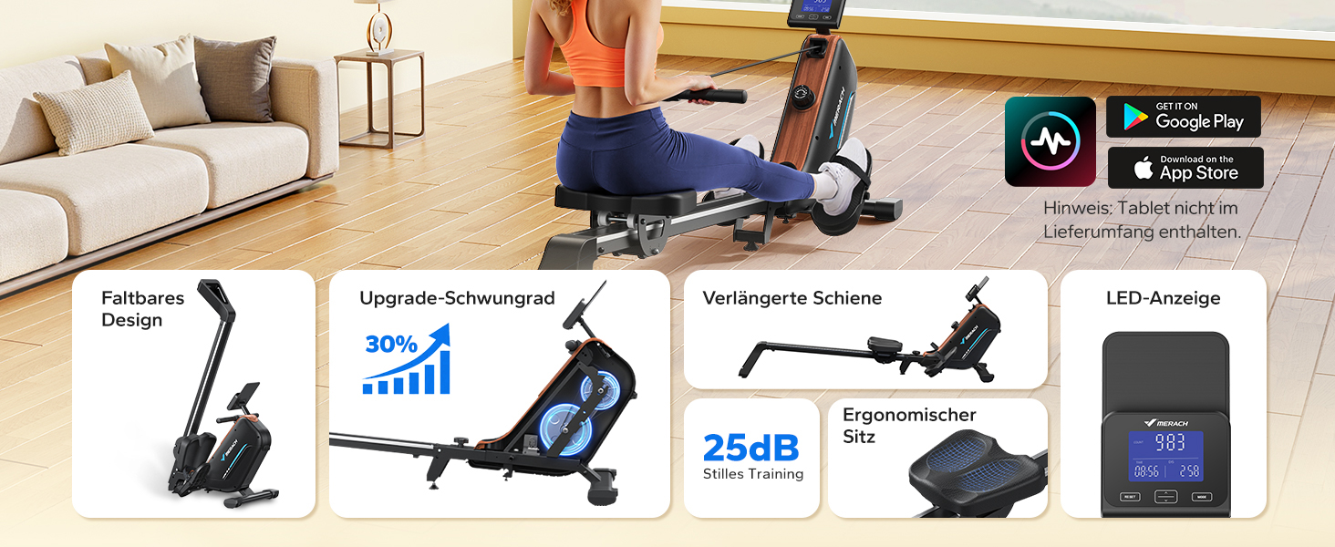 Гребний тренажер MERACH R15B2 для дому, складаний, з магнітним гальмом, тихий, з додатком, подовжені рейки, ручне регулювання