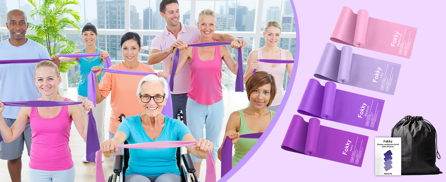Набір фітнес-гумок Fokky Fitnessbänder 4 шт., 2 м, 4 рівні опору, для м'язів, йоги, пілатесу (жовтий, зелений, червоний, синій, фіолетовий)